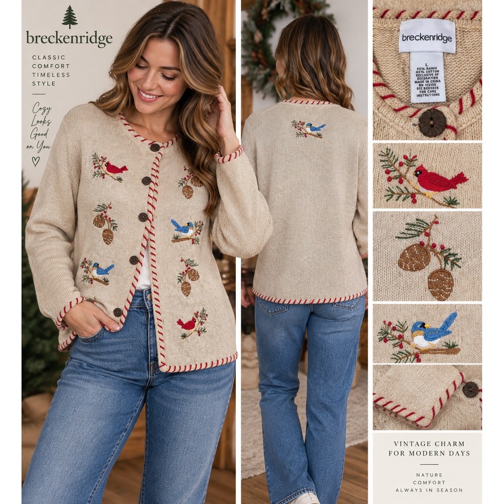 Breckenridge Bird Pinecone Embroidered Cardigan Sweater Size L Ramie Cottagecore